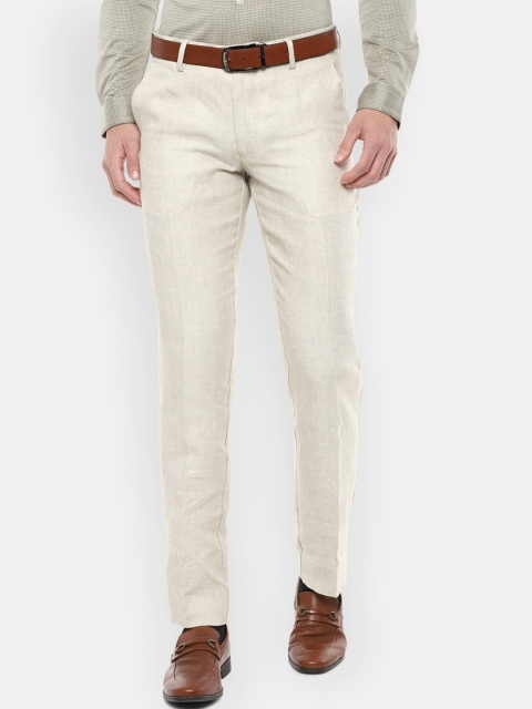 

Louis Philippe Men Cream-Coloured Textured Slim Fit Linen Trousers