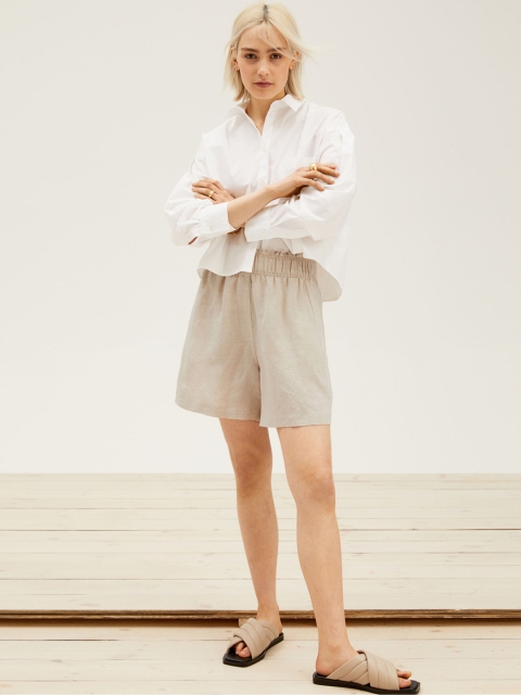 

H&M Women Beige Linen-Blend Pull-On Shorts