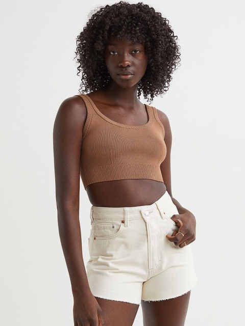 

H&M Women White Solid Curvy Fit Stretch Jeans Shorts