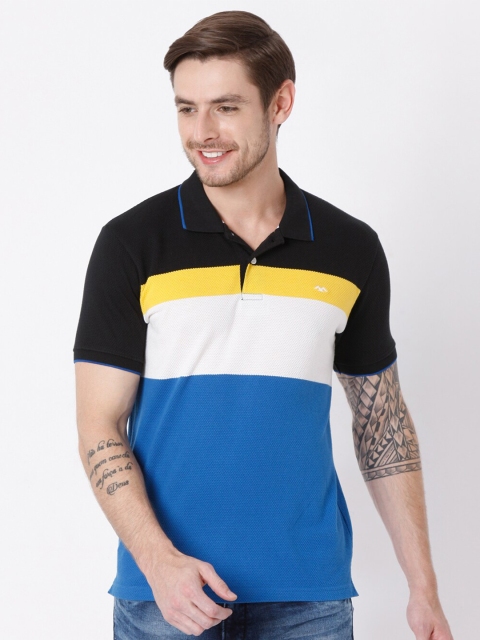 

Mufti Men Black & Yellow Colourblocked Polo Collar Pure Cotton Slim Fit T-shirt