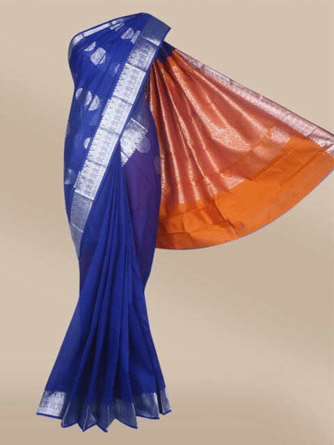 

The Chennai Silks Navy Blue & Orange Ethnic Motifs Zari Silk Cotton Maheshwari Saree