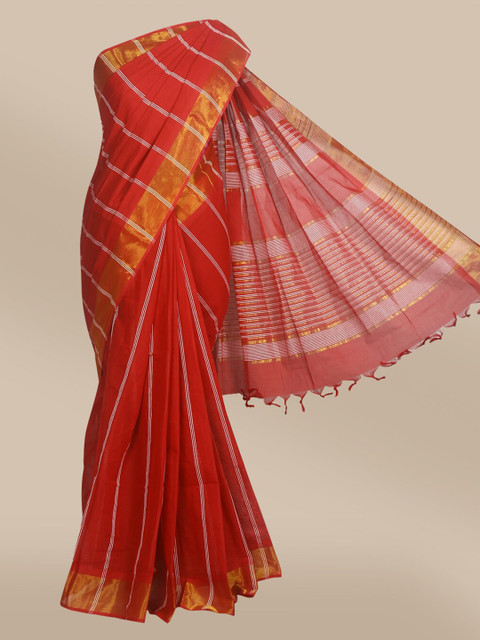 

The Chennai Silks Maroon & Gold Toned Striped Pure Cotton Fusion Saree