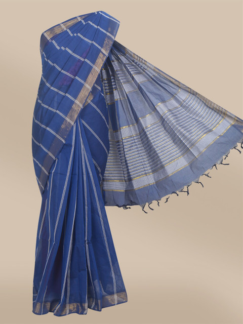 

The Chennai Silks Navy Blue & Gold-Toned Striped Zari Pure Cotton Saree