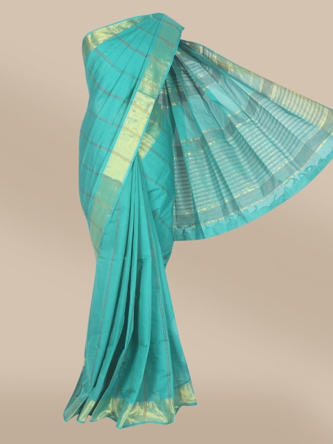 

The Chennai Silks Turquoise Blue & Gold-Toned Striped Zari Pure Cotton Saree