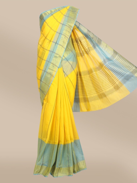 

The Chennai Silks Yellow & Blue Striped Zari Pure Cotton Fusion Saree