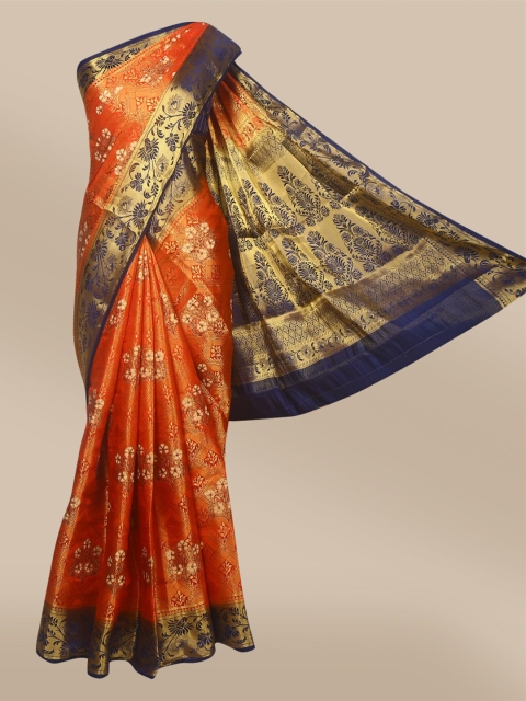

The Chennai Silks Orange & Gold-Toned Floral Zari Fusion Banarasi Saree