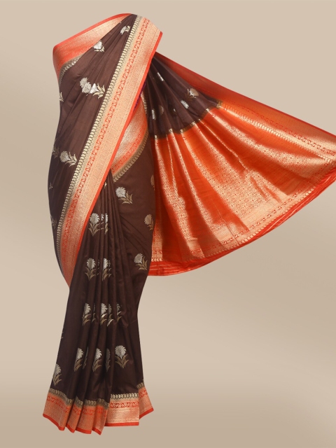 

The Chennai Silks Brown & Red Floral Zari Silk Blend Fusion Banarasi Saree