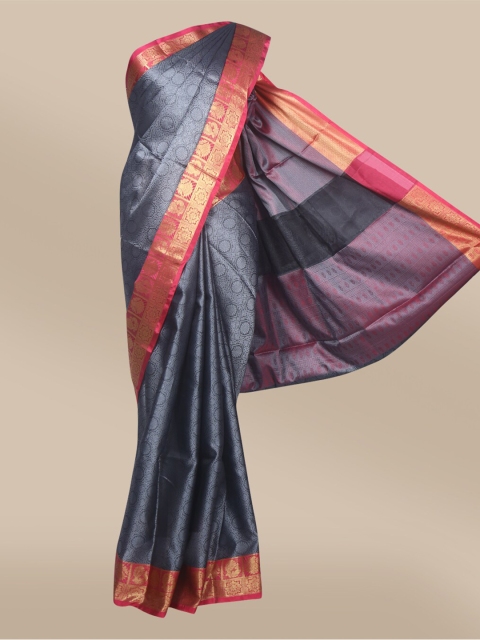 

The Chennai Silks Grey & Pink Ethnic Motifs Zari Organza Fusion Banarasi Saree