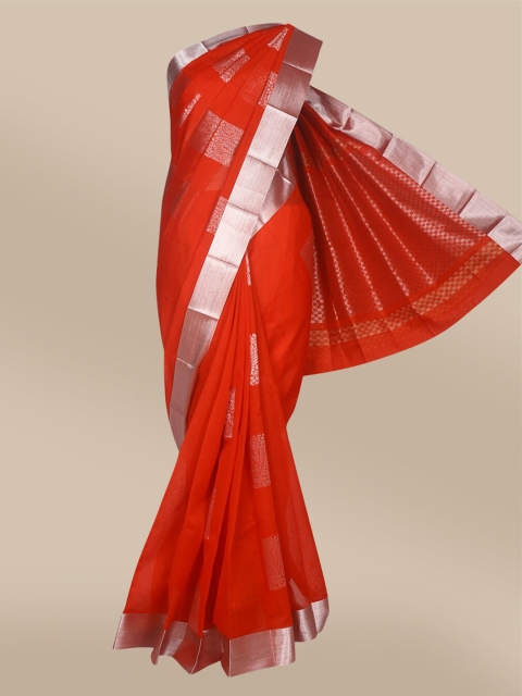 

The Chennai Silks Red & Silver-Toned Floral Zari Silk Cotton Fusion Maheshwari Saree
