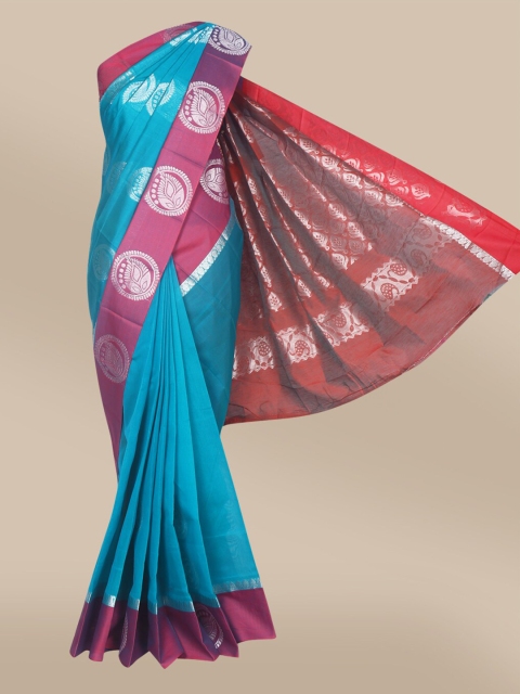 

The Chennai Silks Green & Magenta Ethnic Motifs Zari Silk Cotton Fusion Maheshwari Saree