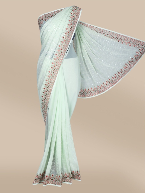 

The Chennai Silks Green & Pink Floral Embroidered Border Sequinned Fusion Saree