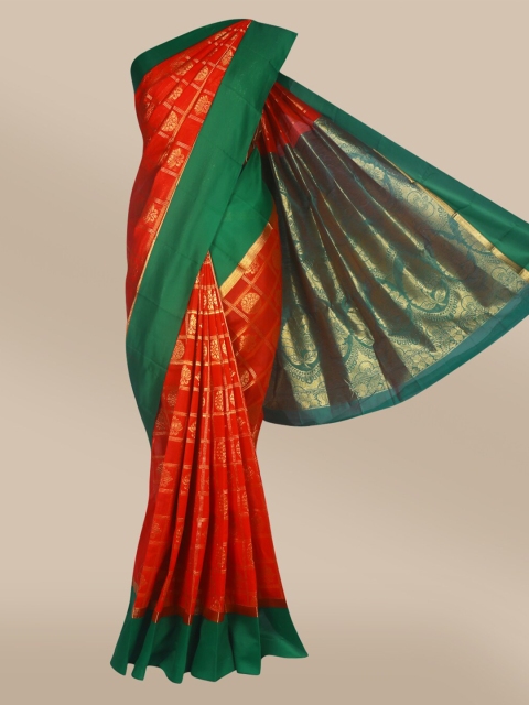 

The Chennai Silks Red & Green Ethnic Motifs Silk Cotton Maheshwari Saree