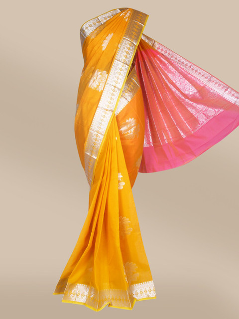 

The Chennai Silks Orange & Gold-Toned Ethnic Motifs Zari Silk Cotton Maheshwari Saree