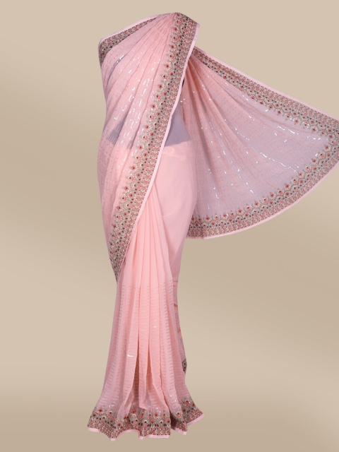 

The Chennai Silks Peach-Coloured & Green Ethnic Motifs Sequinned Fusion Saree