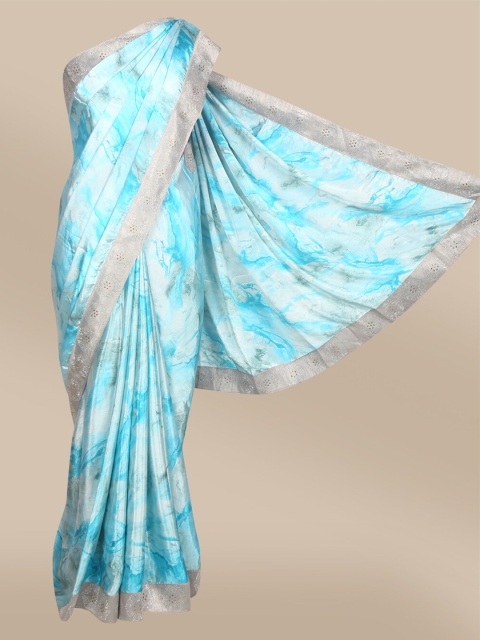 

The Chennai Silks Blue & Grey Printed Embellished Poly Crepe Saree