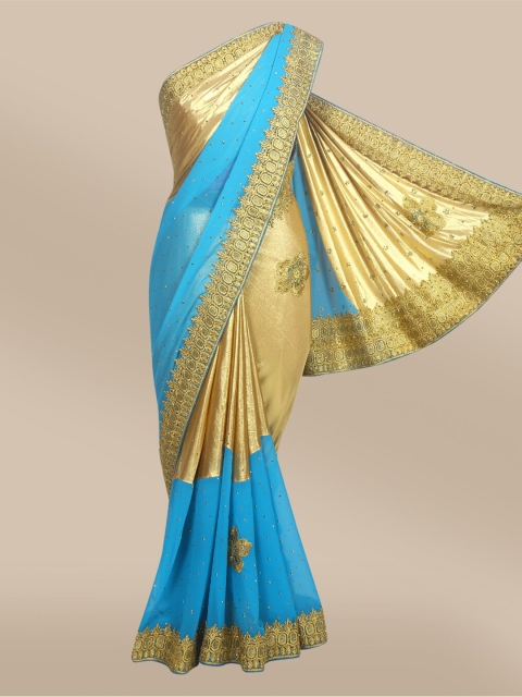 

The Chennai Silks Blue & Gold-Toned Ethnic Motifs Beads and Stones Fusion Saree