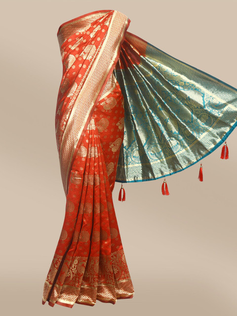 

The Chennai Silks Red & Gold-Toned Floral Zari Art Silk Fusion Banarasi Saree
