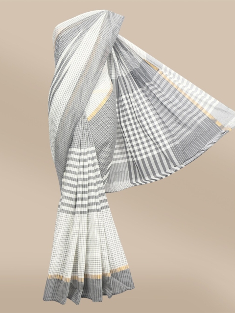 

The Chennai Silks Off White & Grey Checked Pure Cotton Fusion Saree