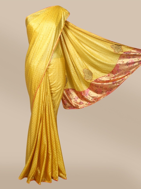 

The Chennai Silks Yellow & Red Ethnic Motifs Beads and Stones Poly Crepe Saree