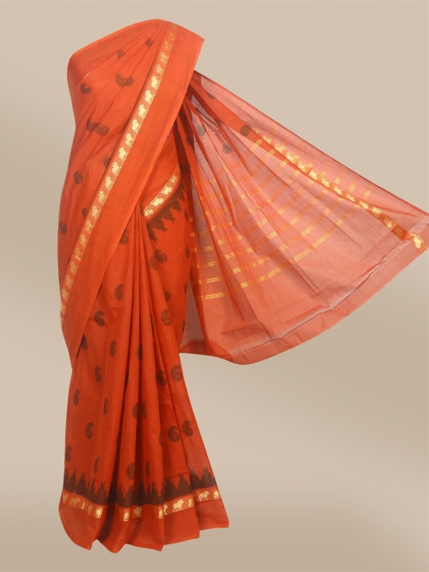 

The Chennai Silks Rust & Coffee Brown Woven Design Zari Pure Cotton Fusion Saree