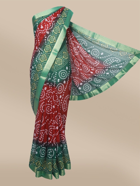 

The Chennai Silks Maroon & Green Bandhani Printed Zari Saree