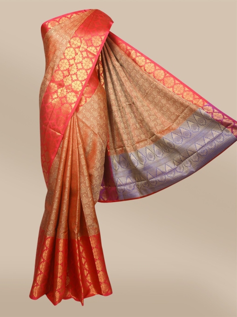 

The Chennai Silks Red & Pink Ethnic Motifs Zari Organza Fusion Banarasi Saree