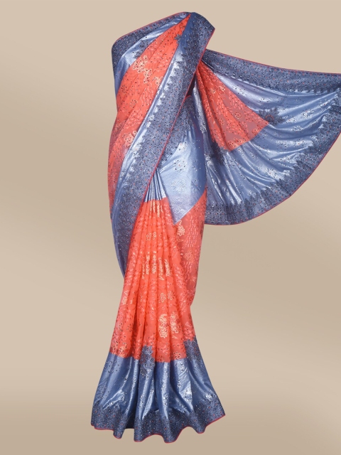 

The Chennai Silks Orange & Blue Floral Beads and Stones Fusion Saree