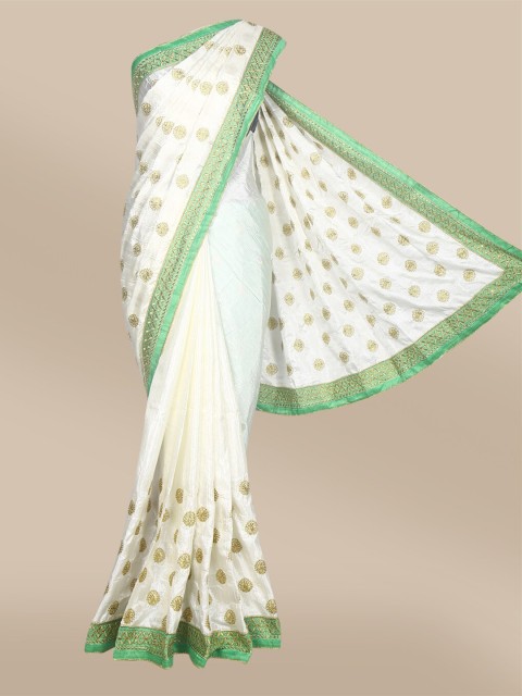 

The Chennai Silks Off White & Green Floral Embroidered Fusion Bhagalpuri Saree