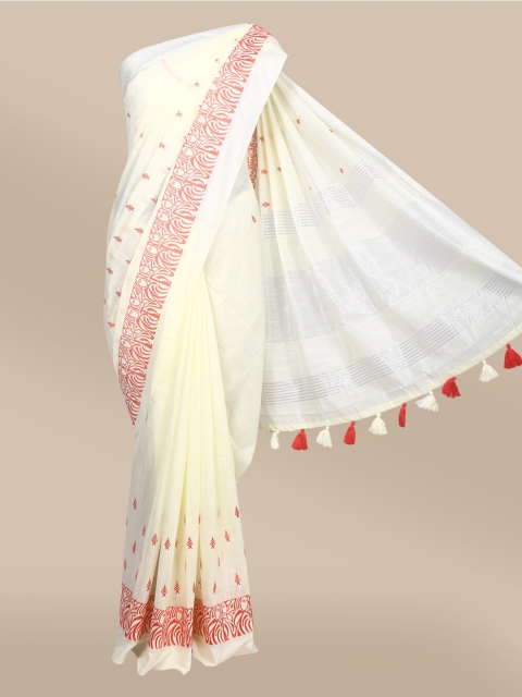 

The Chennai Silks Off White & Red Floral Embroidered Pure Cotton Fusion Chanderi Saree