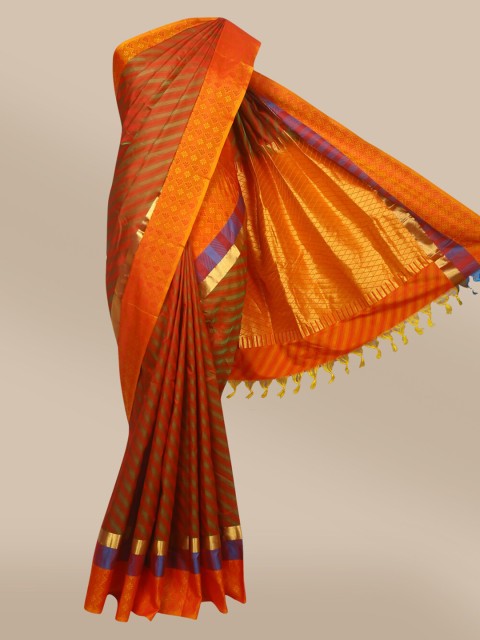 

The Chennai Silks Orange & Blue Striped Zari Pure Silk Fusion Arani Saree