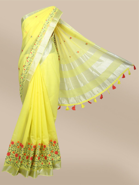 

The Chennai Silks Yellow & Silver-Toned Ethnic Motifs Embroidered Pure Cotton Chanderi Saree