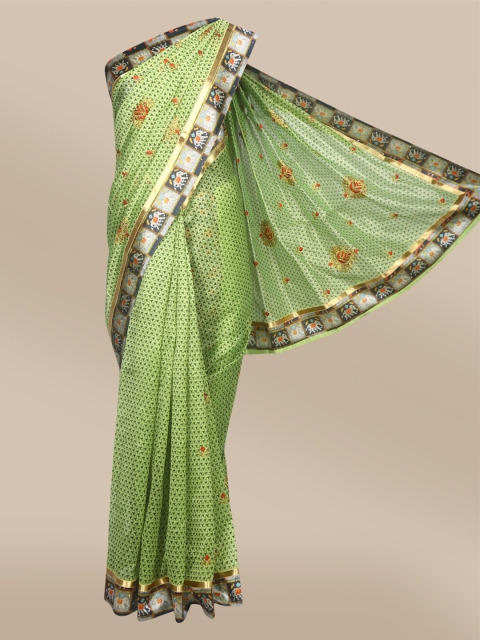 

The Chennai Silks Green & Red Ethnic Motifs Embroidered Pure Cotton Fusion Chanderi Saree