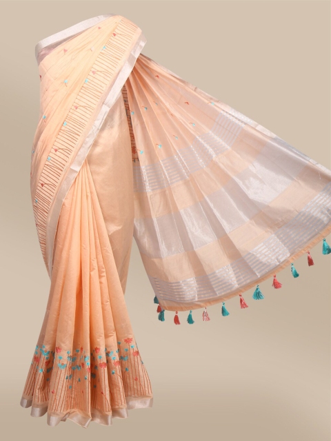 

The Chennai Silks Orange & Blue Floral Embroidered Pure Cotton Chanderi Saree