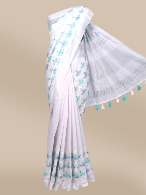 

The Chennai Silks Off White & Blue Floral Embroidered Pure Cotton Chanderi Saree
