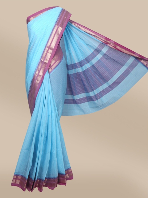 

The Chennai Silks Blue & Gold-Toned Striped Zari Pure Cotton Narayan Peth Saree