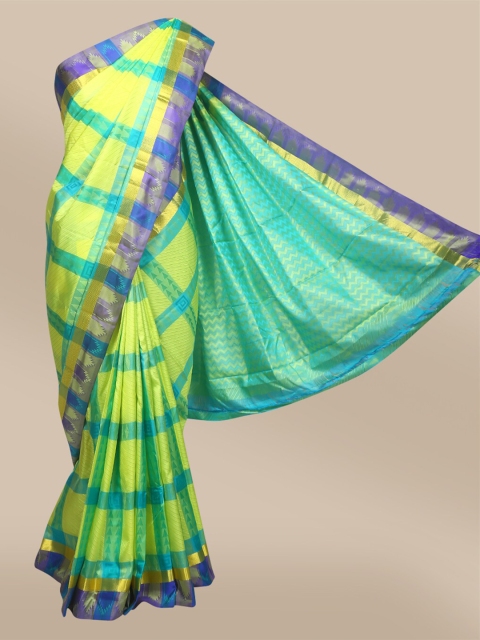 

The Chennai Silks Yellow & Blue Checked Zari Pure Silk Fusion Arani Saree