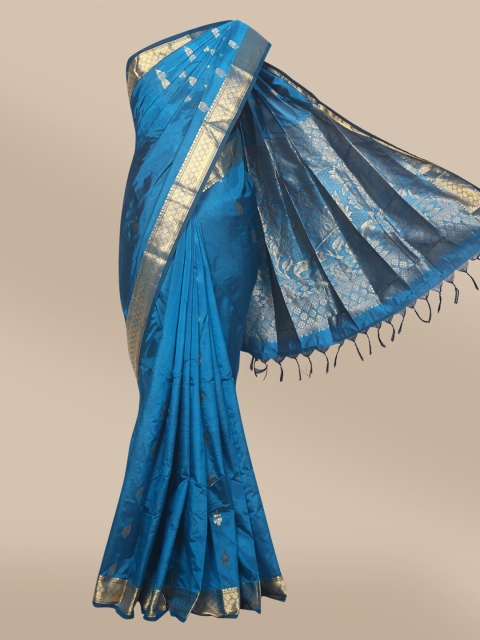 

The Chennai Silks Blue & Gold-Toned Ethnic Motifs Zari Pure Silk Arani Saree
