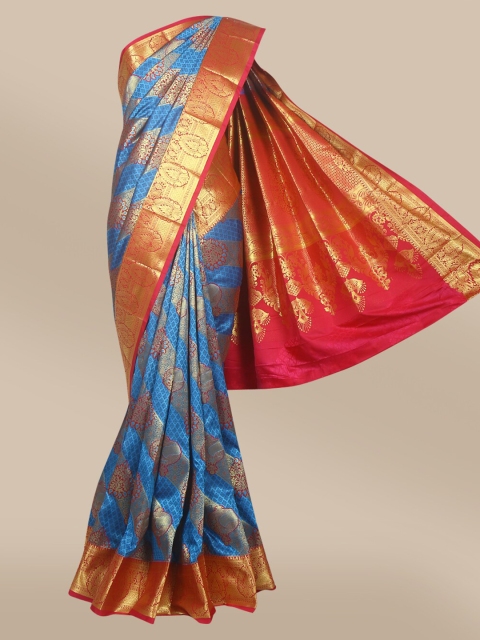 

The Chennai Silks Blue & Red Ethnic Motifs Zari Pure Silk Dharmavaram Saree