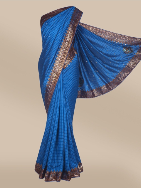 

The Chennai Silks Blue & Bronze-Toned Checked Beads and Stones Bhagalpuri Saree