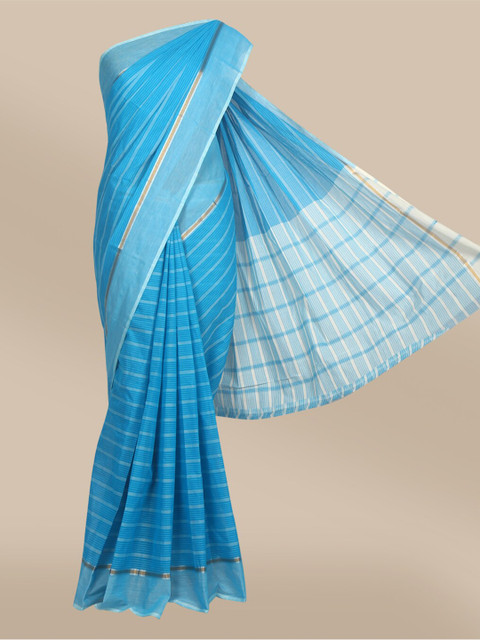 

The Chennai Silks Blue & Gold-Toned Striped Zari Pure Cotton Saree