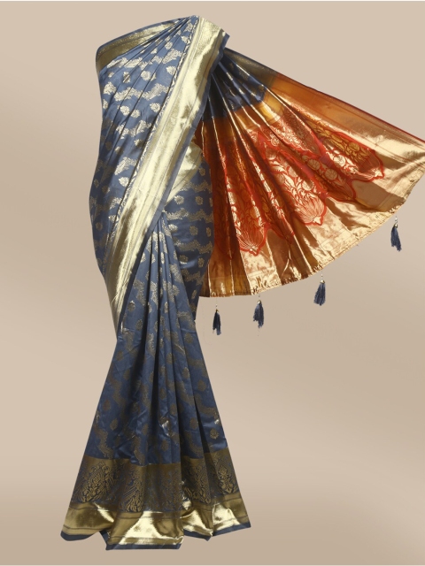 

The Chennai Silks Grey & Gold-Toned Floral Zari Art Silk Fusion Banarasi Saree
