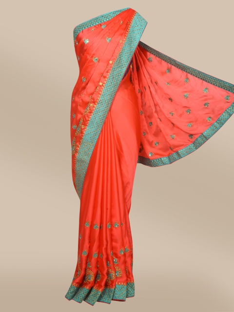 

The Chennai Silks Red & Teal Blue Floral Embroidered Fusion Saree