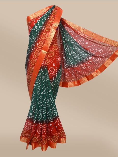 

The Chennai Silks Green & Orange Bandhani Printed Zari Saree