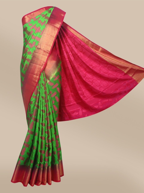 

The Chennai Silks Green & Gold-Toned Floral Zari Pure Cotton Fusion Chanderi Saree