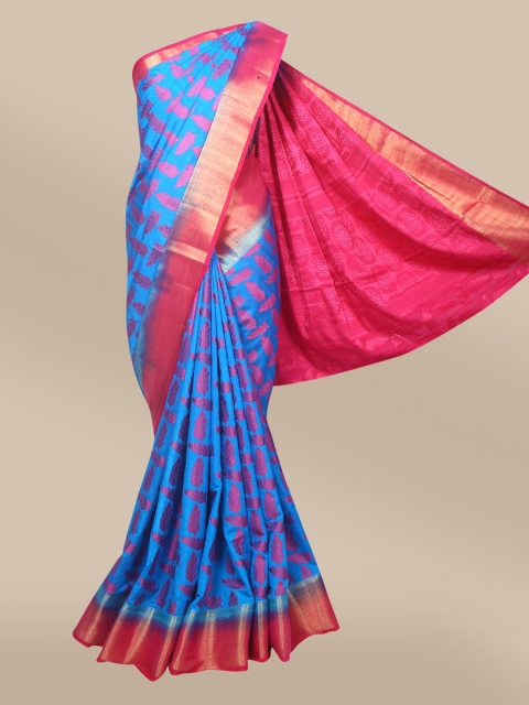 

The Chennai Silks Blue & Pink Floral Zari Pure Cotton Fusion Chanderi Saree