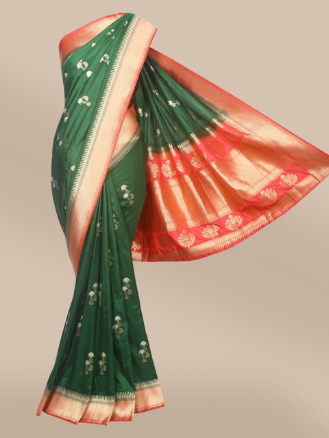 

The Chennai Silks Green & Red Floral Zari Silk Blend Fusion Banarasi Saree