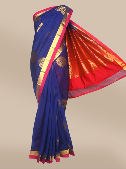 

The Chennai Silks Navy Blue & Pink Ethnic Motifs Zari Silk Cotton Maheshwari Saree