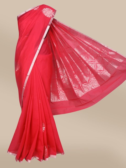 

The Chennai Silks Pink & Silver-Toned Woven Design Zari Silk Cotton Maheshwari Saree