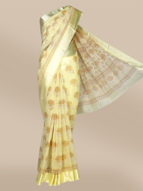 

The Chennai Silks Yellow & Mustard Floral Zari Pure Cotton Fusion Chanderi Saree