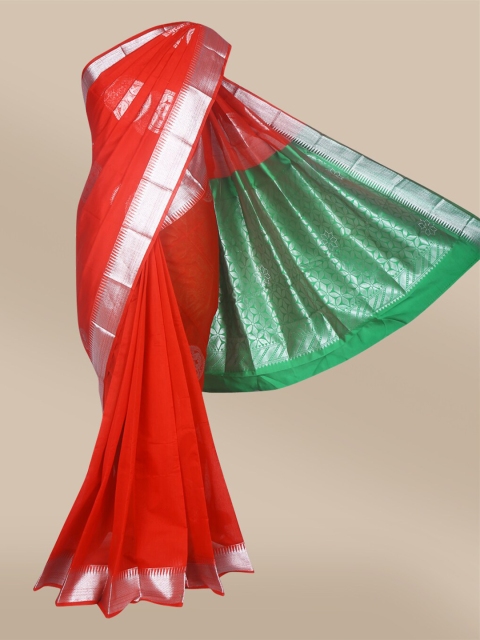 

The Chennai Silks Red & Green Ethnic Motifs Zari Silk Cotton Maheshwari Saree